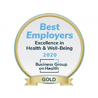 Logo of Award provided by the Business Group on Health for Best Employers. Text reads Excellence in Health a& Well-Being 2020