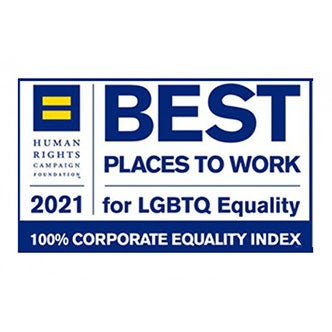 Text on white background reads Human Rights Campaigns Foundation 2021 Best Places to Work for LGBTQ Equality 100% Corporate E