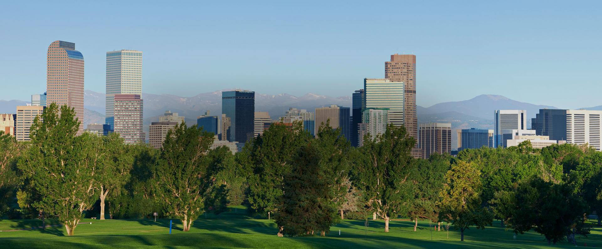 skyline of Denver behind a green park with mountains in the background
